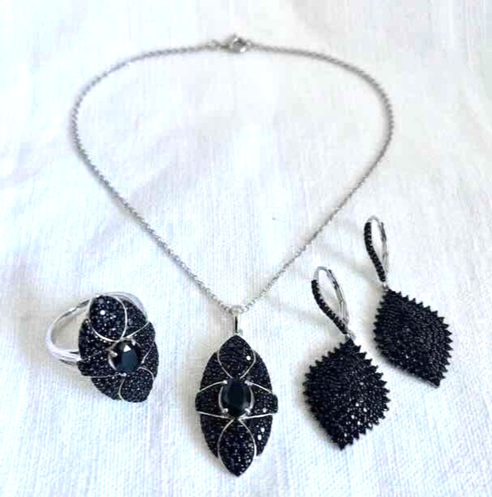 JTV Black Spinel Sterling Silver 3-Piece Jewelry Set NIB Necklace Earrings Ring